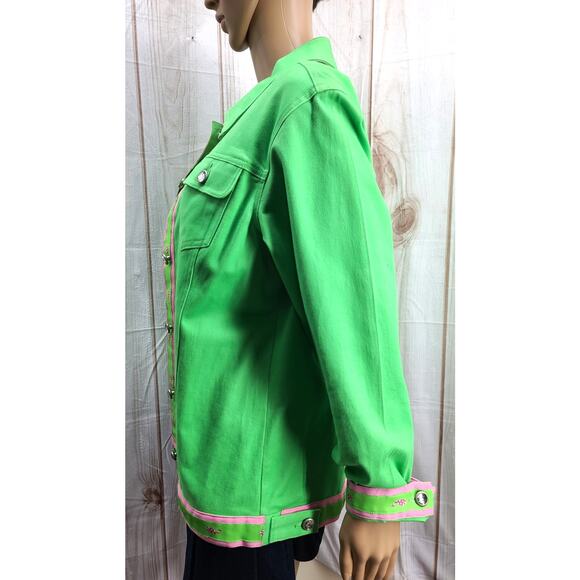 QUACKER FACTORY Women's M-L Lime Green Jean Jacket Rhinestones Pink Accents - Picture 5 of 10